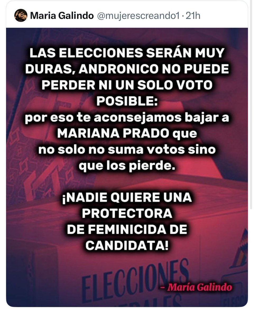 “María Galindo, la autoproclamada enemiga del patriarcado, ahora bendice al heredero político de Evo Morales. Qué coherencia la suya: dice defender a las niñas, pero apoya al delfin del acusado de pederastia. Todo sea por  centralismo y financiar su radio.”