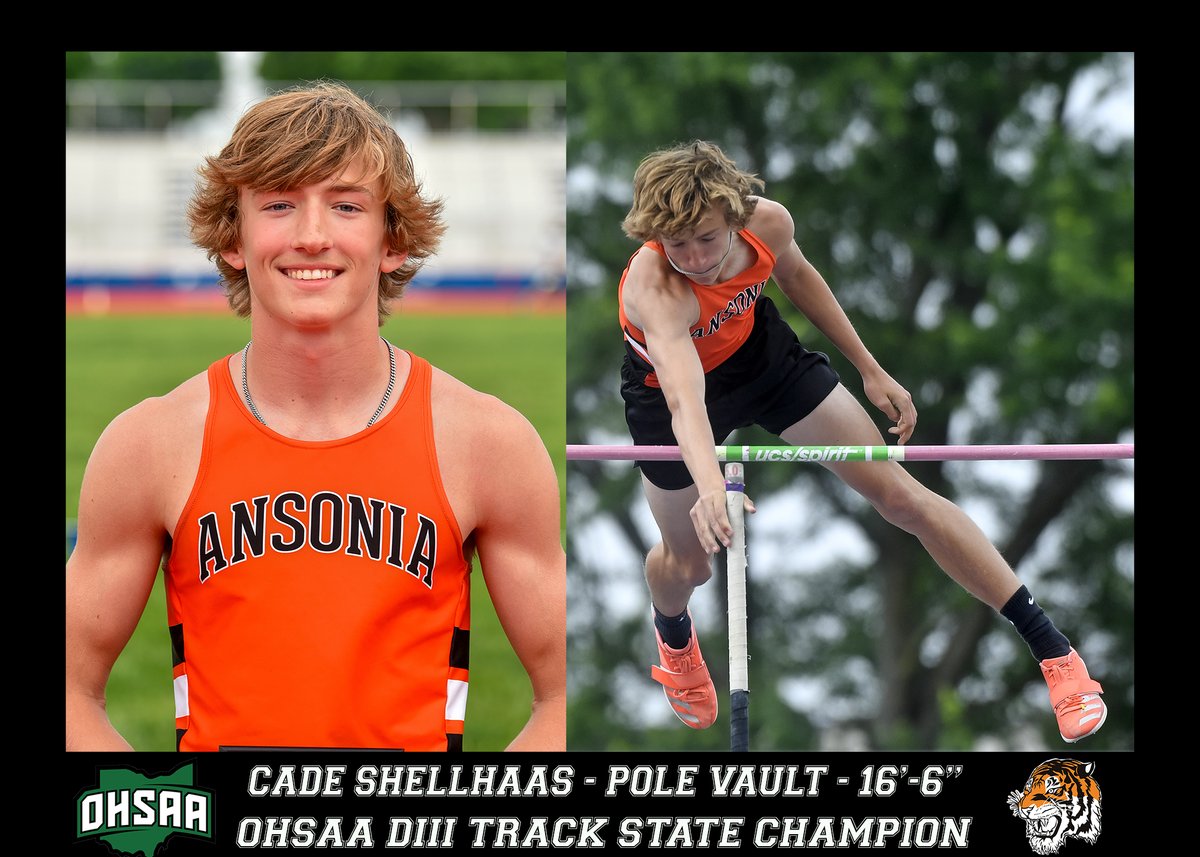 Congratulations to Ansonia's Cade Shellhaas OHSAA DIII State Track Champion in Pole Vault with new state record of 16'-6".