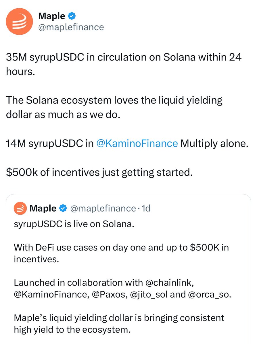 $SYRUP Update:

> Clearly remains one of the strongest performing coins in this market
> Fundas continue pushing. This past wk alone:
(1) AUM at new ATH, now above $2bn 
(2) Achieved first 7 fig revenue month in May
(3) Within just 24hrs of the launch on Solana, 35m+ syrupUSDC