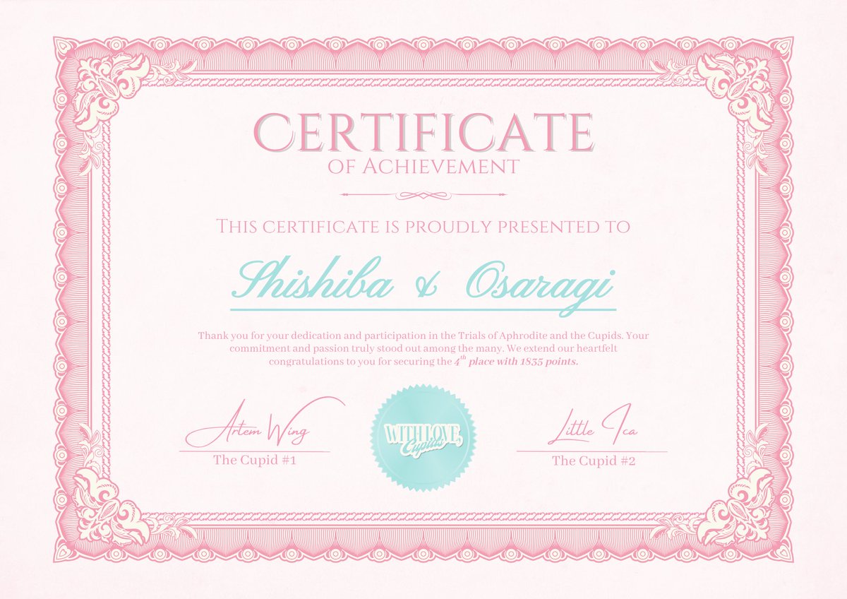 WithLoveCupids's tweet photo. ㅤ
5th place: 1775 pts
@DearlyMaomao &amp; @BelovedJinshi

4th place: 1835 pts
@DearlyShishiba &amp; @BelovedOsaragi
ㅤ https://t.co/HJRdIFTx5a