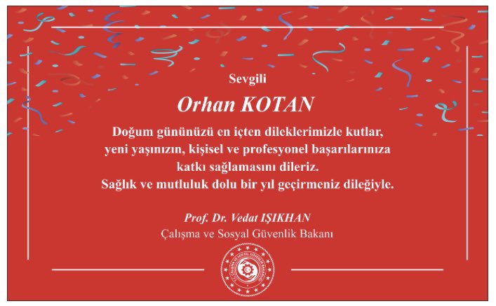 Bakanımız Sayın Prof. Dr. Vedat IŞIKHAN’a bu nazik düşüncesi için çok teşekkür ediyorum.
Bu vesile ile doğum günümü kutlayan tüm arkadaşlarıma ve takipçilerime saygılar sunuyorum.