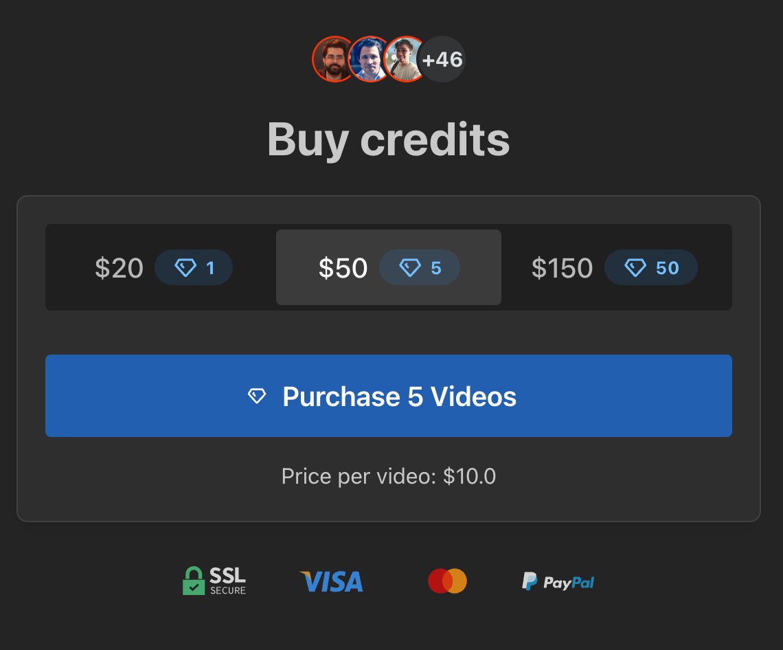 🫴 Introducing credits system.

Now you can pay a one-time fee and get a promo video for your SaaS.
