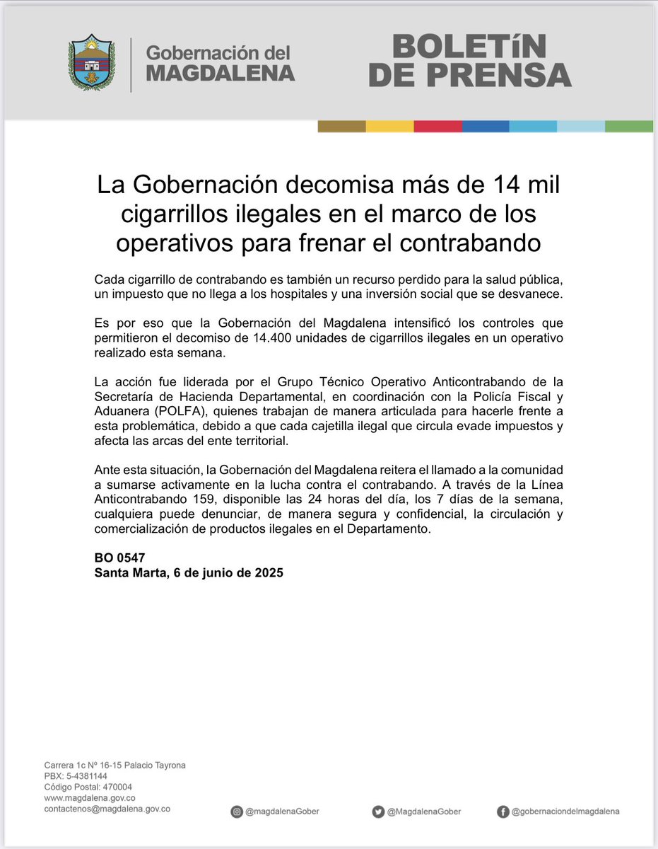 🚨🚨🚨 ¡Le cerramos el paso al contrabando!
Reafirmamos nuestro compromiso con la lucha frontal contra el contrabando en todo el Magdalena. Gracias a labores de seguimiento de nuestro Grupo Técnico Operativo Anticontrabando de <a href="/MagdalenaGober/">Gobernación del Magdalena</a> y trabajo articulado con