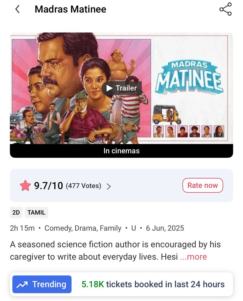 #MadrasMatinee gets an excellent rating and is trending on <a href="/bookmyshow/">BookMyShow</a> 👍