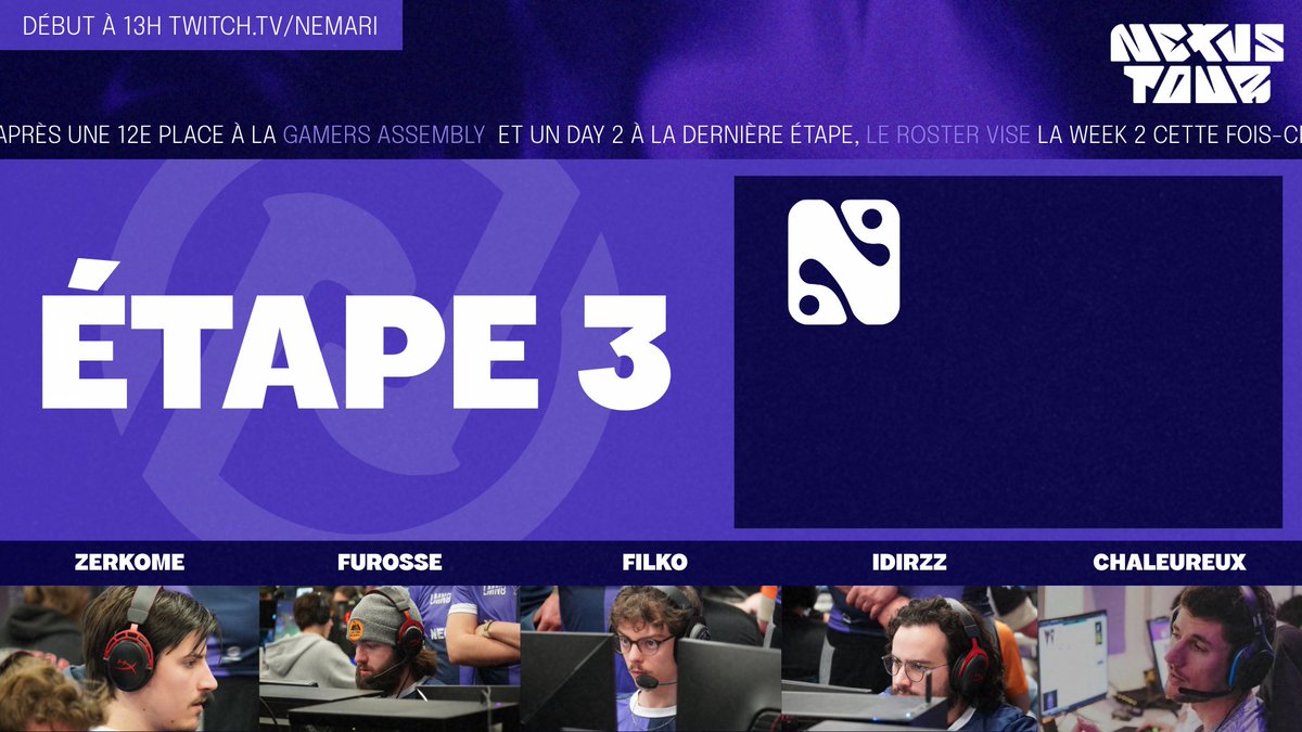 On est de retour pour l'étape 3 du Nexus Tour 🟣
Début des hostilités à 13h contre <a href="/NexxusEsports/">Nexxus Esports</a>

RDV chez <a href="/Nemari_live/">Nemari</a> pour suivre notre aventure !

#NEPWIN