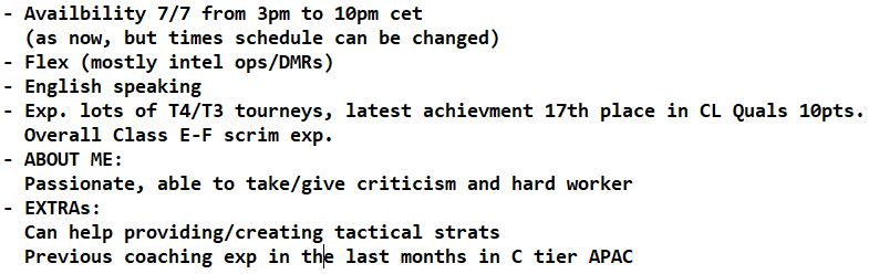 Since the latest announcements of T2 Circuit imma be back LFT as player, pref w/<a href="/Brunaor6s/">🦍</a> 
Also willing to create a new project

Refs: <a href="/_Giian9/">Giian</a> <a href="/RiicoR6/">Riico</a> <a href="/_hltauriesports/">HL Tauri eSports | HLT</a> <a href="/B_rdos/">HLT Bard</a> &amp; any Ex-MAZE member

RTs and Vs are very appreciated, thanks everyone
Some info about me here below:
