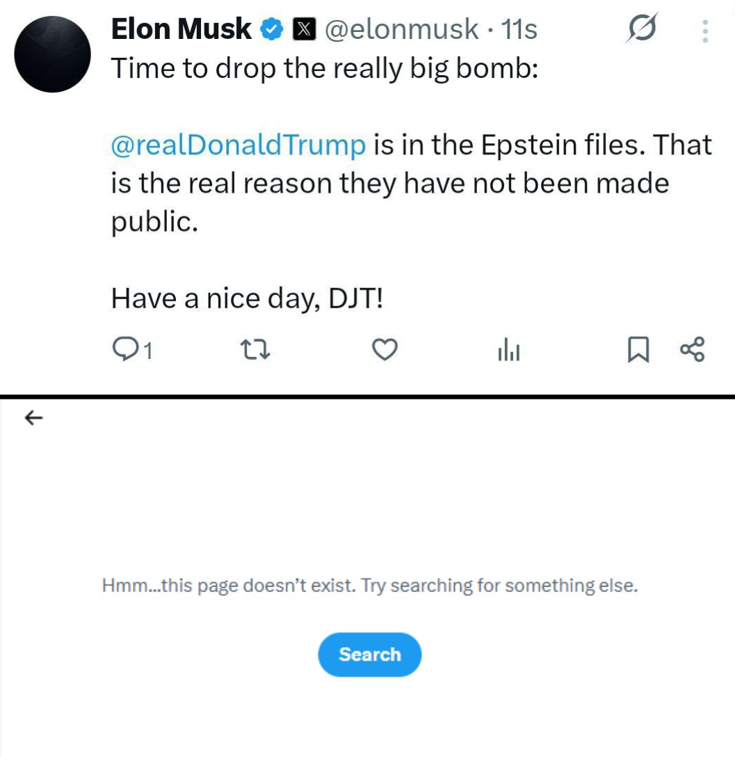 RT_com's tweet photo. Elon's DELETED his post claiming Trump’s in the Epstein files https://t.co/AzD2l6prh8