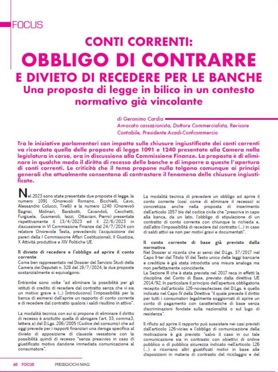 Su <a href="/PressGiochi/">PressGiochi</a> il Presidente #acadi <a href="/Geronimo_Cardia/">Geronimo Cardia</a> “Conti correnti: obbligo di contrarre e divieto di recedere per le banche. Una proposta di legge in bilico in un contesto normativo già vincolante”:

acadi.it/3-it-363584-ar…