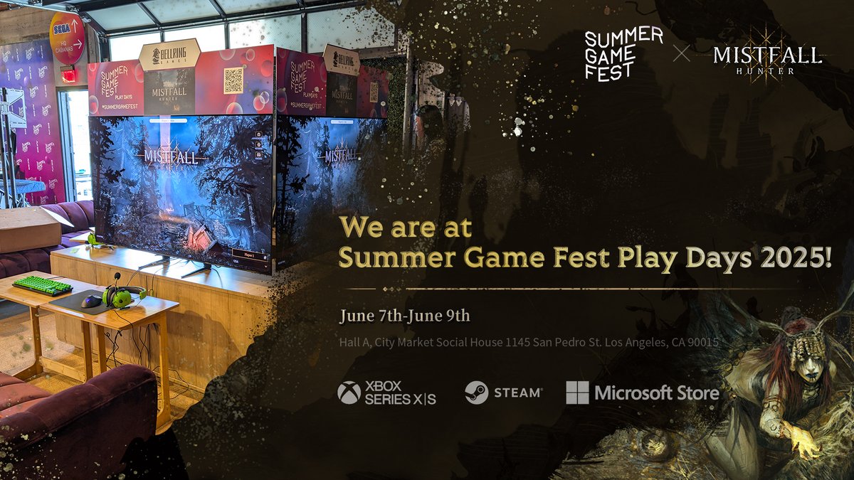 Mistfall Hunter (@mistfallhunter) on Twitter photo We’re all set for <a href="/summergamefest/">Summer Game Fest</a> Play Days!
Get hands-on with the latest build of Mistfall Hunter and catch up on what’s ahead with Game Director Hao Zhang.
If you’re at the event, swing by and say hello!
#SummerGameFest #PlayDays #MistfallHunter We’re all set for <a href="/summergamefest/">Summer Game Fest</a> Play Days!
Get hands-on with the latest build of Mistfall Hunter and catch up on what’s ahead with Game Director Hao Zhang.
If you’re at the event, swing by and say hello!
#SummerGameFest #PlayDays #MistfallHunter