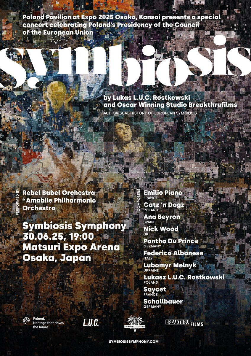 🎵コンサート「シンビオシス・シンフォニー」
📅6/30 📍EXPOアリーナ
🎻オーケストラ×🎧エレクトロ×🪕フォーク
🎤日欧の声×🎥映像＝五感を揺さぶる体験✨
🌍欧州の歴史に着想を得た12の初演作
🎼レベル・バベル・オーケストラ × アマービレ・フィル
🎬映像は🏆ブレイクスルー・フィルムズ制作
