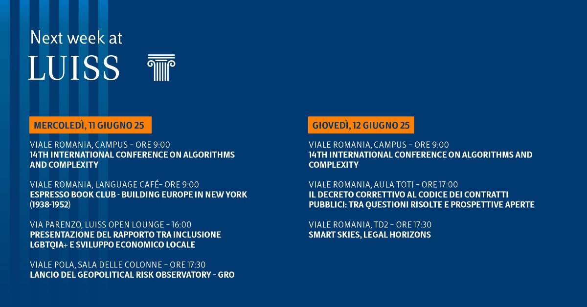 🗓️ #NextWeekAtLuiss: segna in agenda gli eventi della prossima settimana!

Non perdere l'occasione per approfondire le tue conoscenze, espandere il tuo network e vivere a 360 gradi l'esperienza in #Luiss.

Più info 👉 luiss.it/eventi