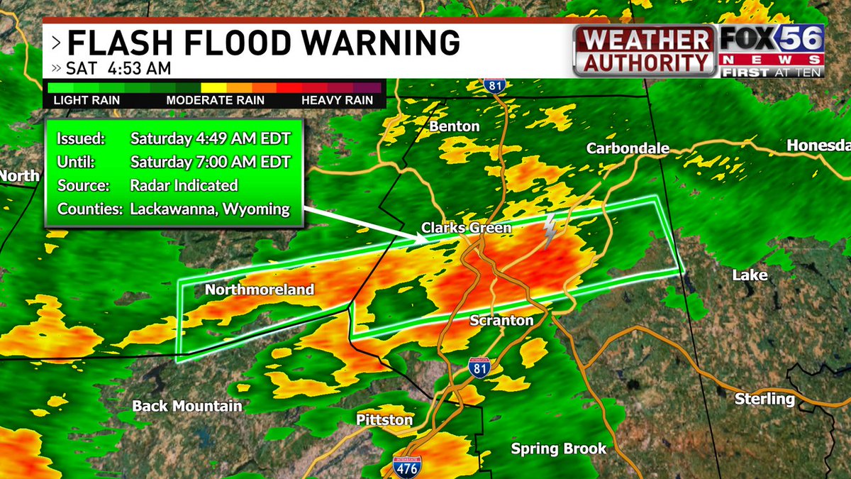 FLASH FLOOD WARNING for central Lackawanna and southeast Wyoming Counties until 7 AM. With heavy rain, FLASH FLOODING is occurring or is expected to begin shortly. fox56.com/weather/radar