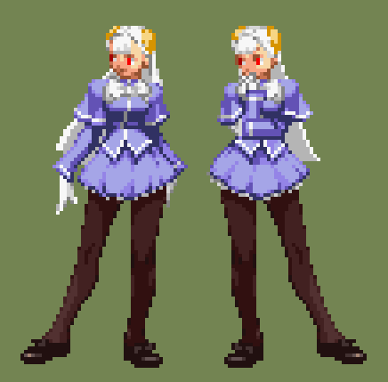 イングリッドのドット絵で個人的に好きなトコはニュートラルや演出時の立ち絵で軸足の内側のドットが縦一直線なのに立体的にはちゃんと見えてるところ。
ERIPYONさんのアドバイスでそうなったと記憶しているけど無理に輪郭ドットに起伏をつけなくてもちゃんと見えると知ったときは目からウロコでした。