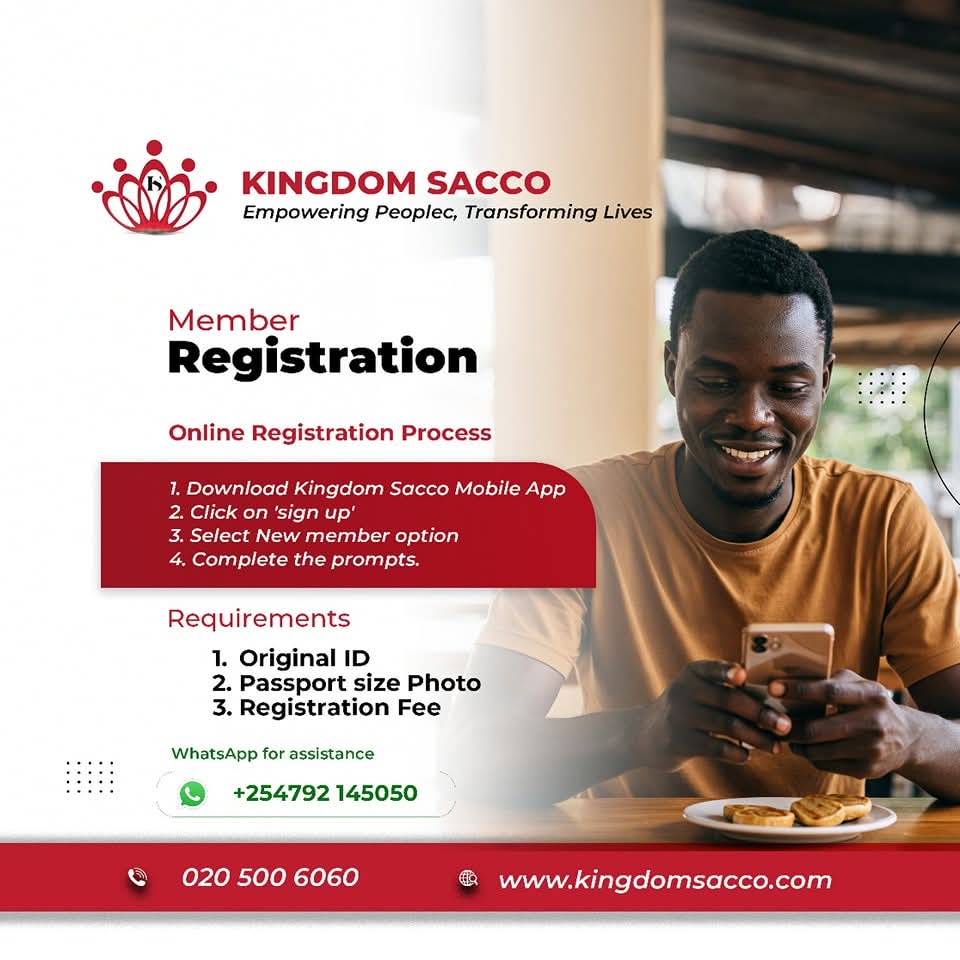 Your Financial Freedom Starts Here

Join Kingdom Sacco today - fast, secure &amp; convinient 

1. Download the Kingdom Sacco App
2. Tap ‘Tap here to register’
3. Choose ‘New Member'

Kingdom Sacco App: bit.ly/app_ksacco
📞 020 500 6060

#KingdomSacco. #KSaccoApp
#Saccoinkenya