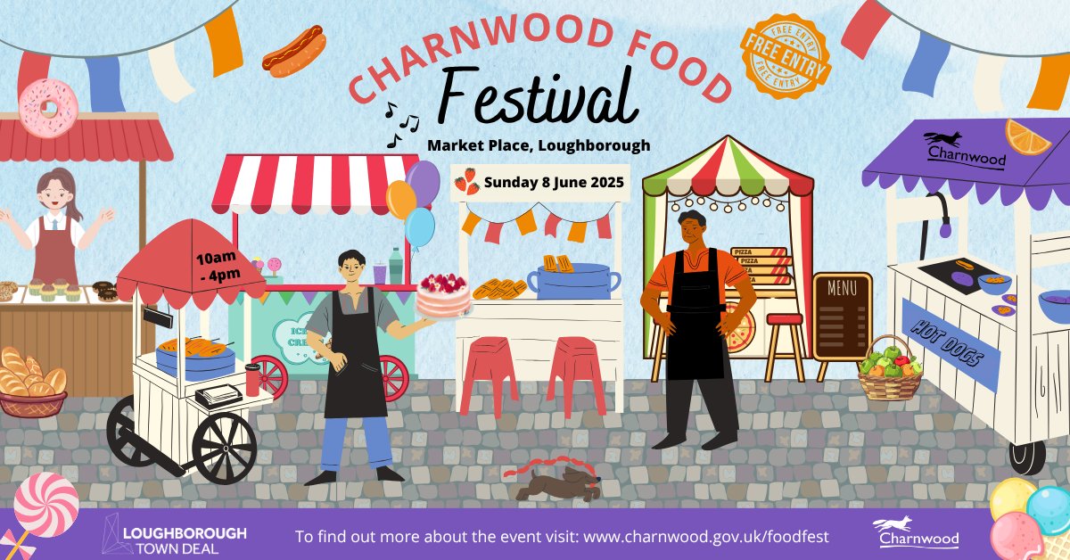 🌭🍰 Come on down to the Charnwood Food Festival in Loughborough's Market Place on Sunday (8 June), which is taking place from 10am to 4pm.

ℹ️ charnwood.gov.uk/food_festival
