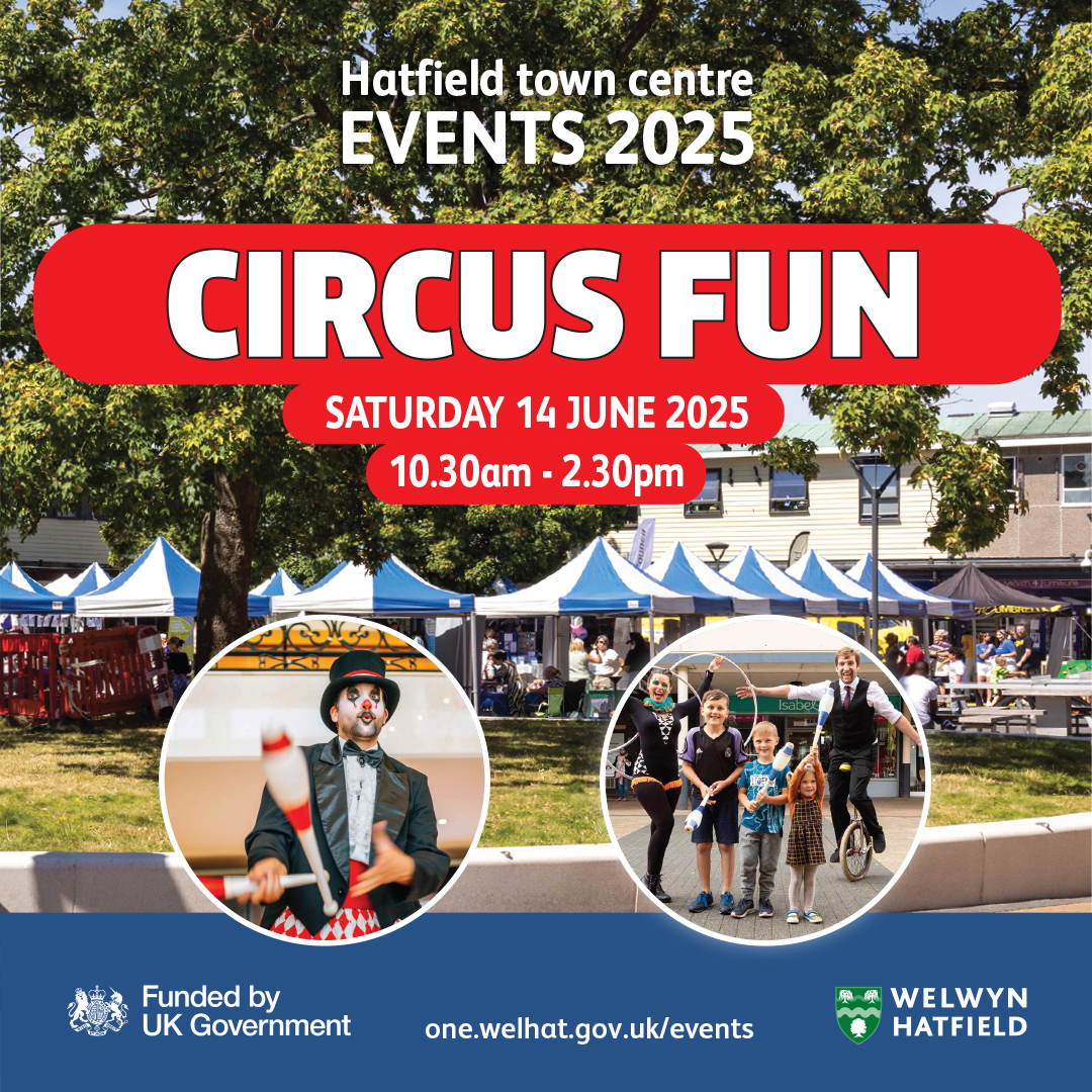 WelHatCouncil's tweet photo. 𝟏 𝐖𝐄𝐄𝐊 𝐓𝐎 𝐆𝐎!

𝐂𝐢𝐫𝐜𝐮𝐬 𝐅𝐮𝐧 🤹⭐

Join us in Hatfield Town Centre for a fantastic Circus Fun event where you can try your hand at plate spinning, diablos, juggling, unicycling, and stilt walking – all with guidance from professional trainers.

📆 Saturday 14 June https://t.co/UwJb3UlGpB