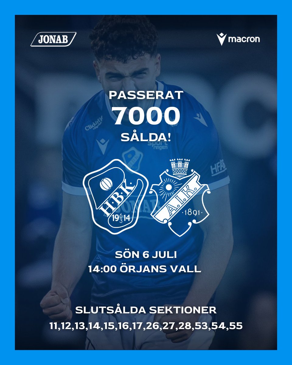 Över 7000 biljetter sålda! 🔵

 HBK vs AIK – söndag 6 juli kl. 14:00 på Örjans Vall. Skynda att säkra din plats – flera sektioner redan slutsålda!