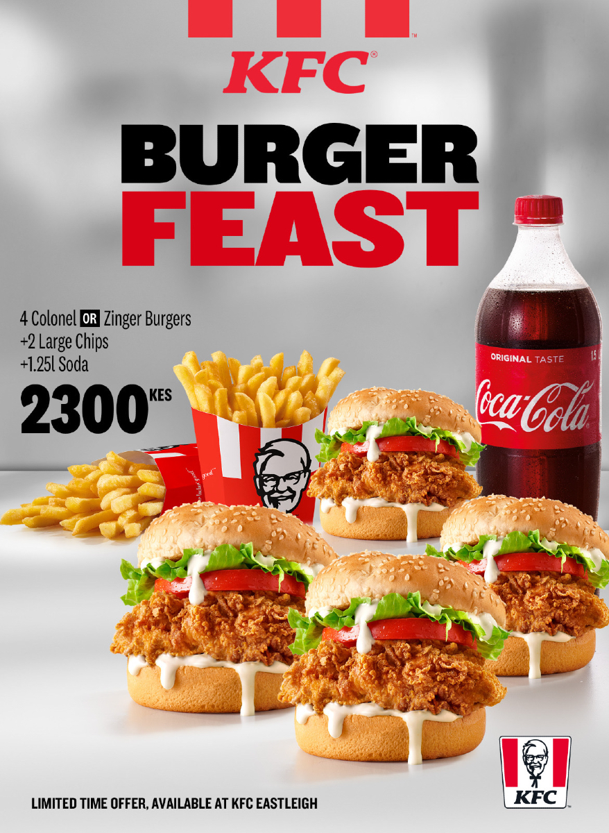Big Appetite? Bigger Feast! 🍔🍟🥤
Grab the KFC Burger Feast – 4 juicy Colonel or Zinger Burgers, 2 Large Chips &amp; 1.25L Coke for just KES 2300!
Perfect for sharing.
🔥 Only at KFC Eastleigh. Limited time offer!
#KFCBurgerFeast #KFC #ItsFingerLickinGood #Foodie