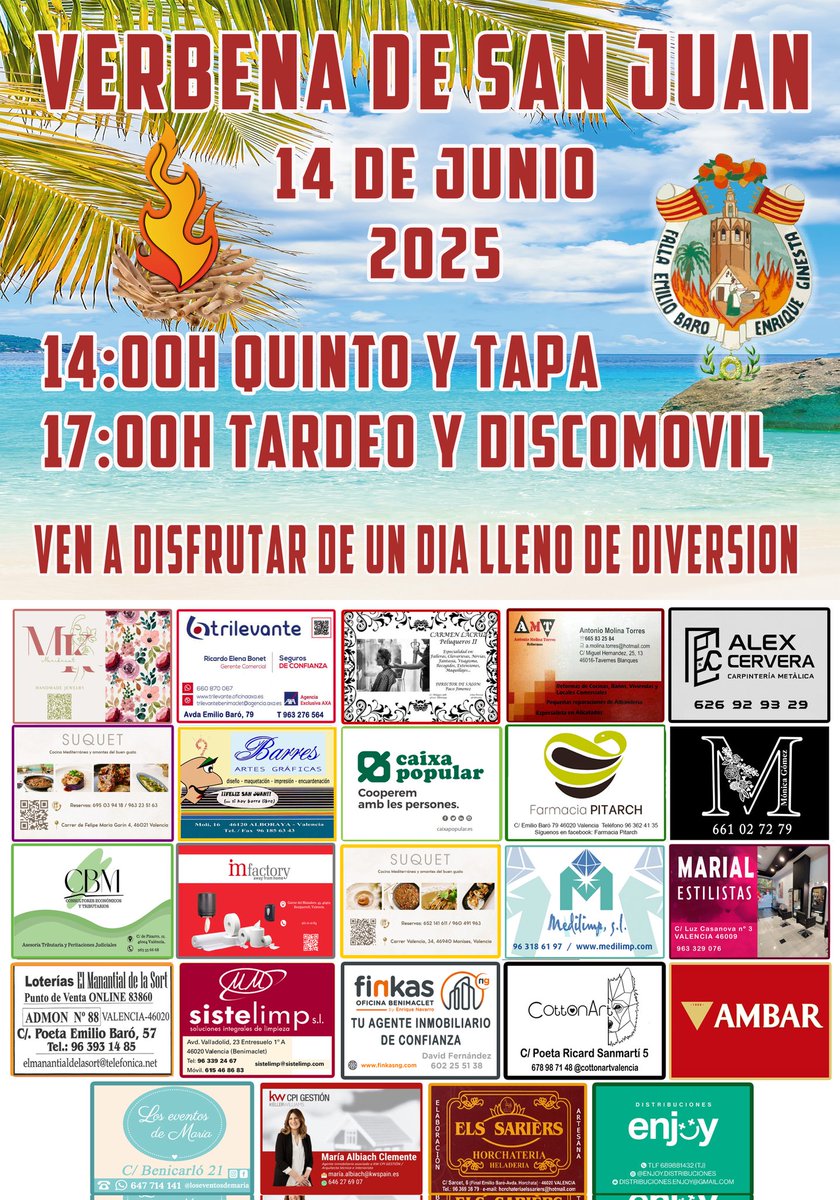¡¡¡LLEGA EL GRAN DÍA!!! 🕺🔫🌞

¡¡OS ESPERAMOS A TODOS EN NUESTRA DIVERTIDÍSIMA VERBENA DE SAN JUAN EL SÁBADO 14 DE JUNIO!!

¡¡¡MUCHAS GRACIAS A TODOS LOS COLABORADORES!!! 🫶🙌🏻✨️