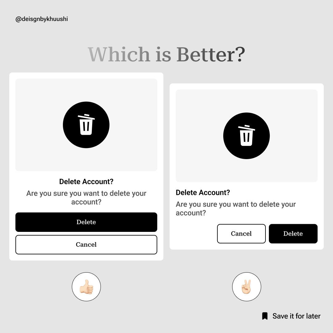 khuushiagarwal's tweet photo. Which one feels safer to click?
In destructive actions like "Delete Account," button placement and hierarchy matter.
Putting "Cancel" first helps reduce accidental deletions — a simple UX choice that protects users.
#UXDesign #UIDesign #MicroUX #DesignMatters #UserSafety https://t.co/Qo37hDRKIv