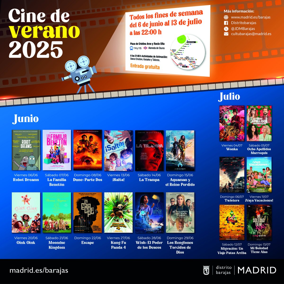 🎥😎Hoy y mañana continúan las sesiones del cine de verano de #Barajas

🎞 La Familia Beneton
🗓 Hoy, sábado 

🎞 Dune: Parte Dos
🗓 Mañana, domingo

⏰ 22:00 h 📍Plaza de Cristina Arce y Rocío Oña

❗A partir de las 21:00 h: actividades de animación 

👉 informate.madrid.es/in3pn