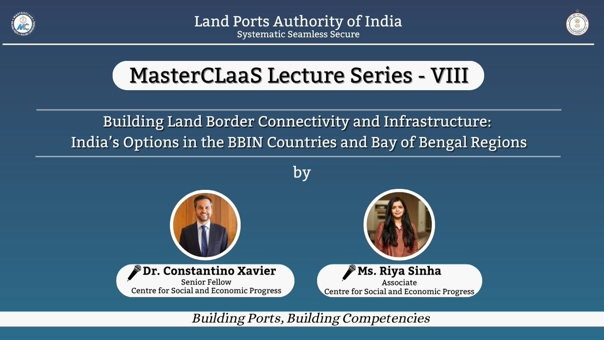 LPAI_Official's tweet photo. Missed it live? Watch the recorded session of #MasterCLaaS Lecture Series VIII hosted by #LPAI, featuring Dr. Constantino Xavier & Ms. Riya Sinha as they discuss India’s land border connectivity options in BBIN & Bay of Bengal regions.
Watch now: https://t.co/arHRlTCrYb https://t.co/y7Bwdu6MMf