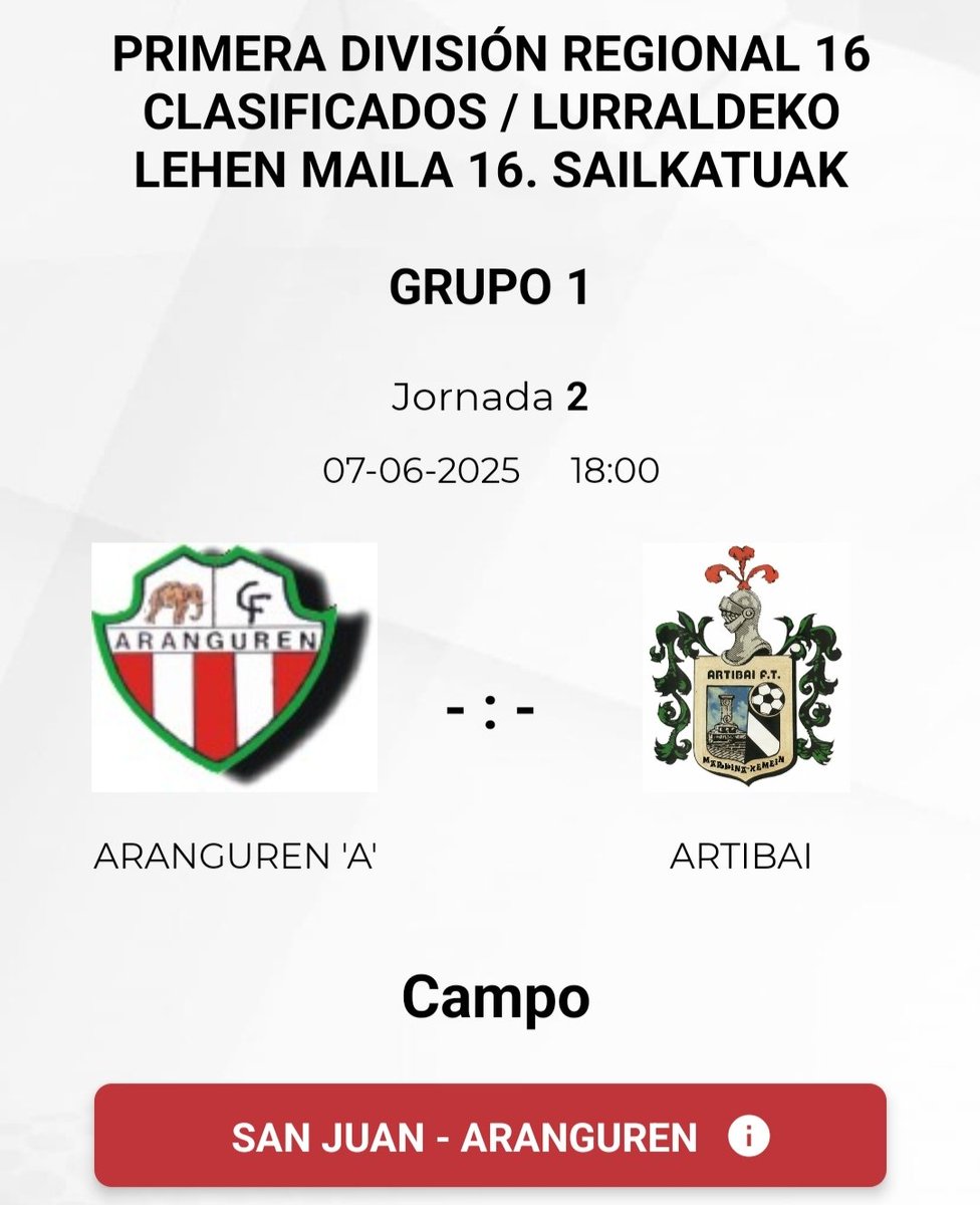 LLEGO EL DIA DE LA VUELTA DEL PLAY OUT DE PERMANENCIA 

OS RECORDAMOS QUE LA ENTRADA AL PARTIDO DE HOY SERA GRATUITA PARA TODO EL MUNDO

OS ESPERAMOS A TODO EL MUNDO EN EL SAN JUAN HOY A LAS 18:00, AUPA ARANGUREN!!❤️🤍