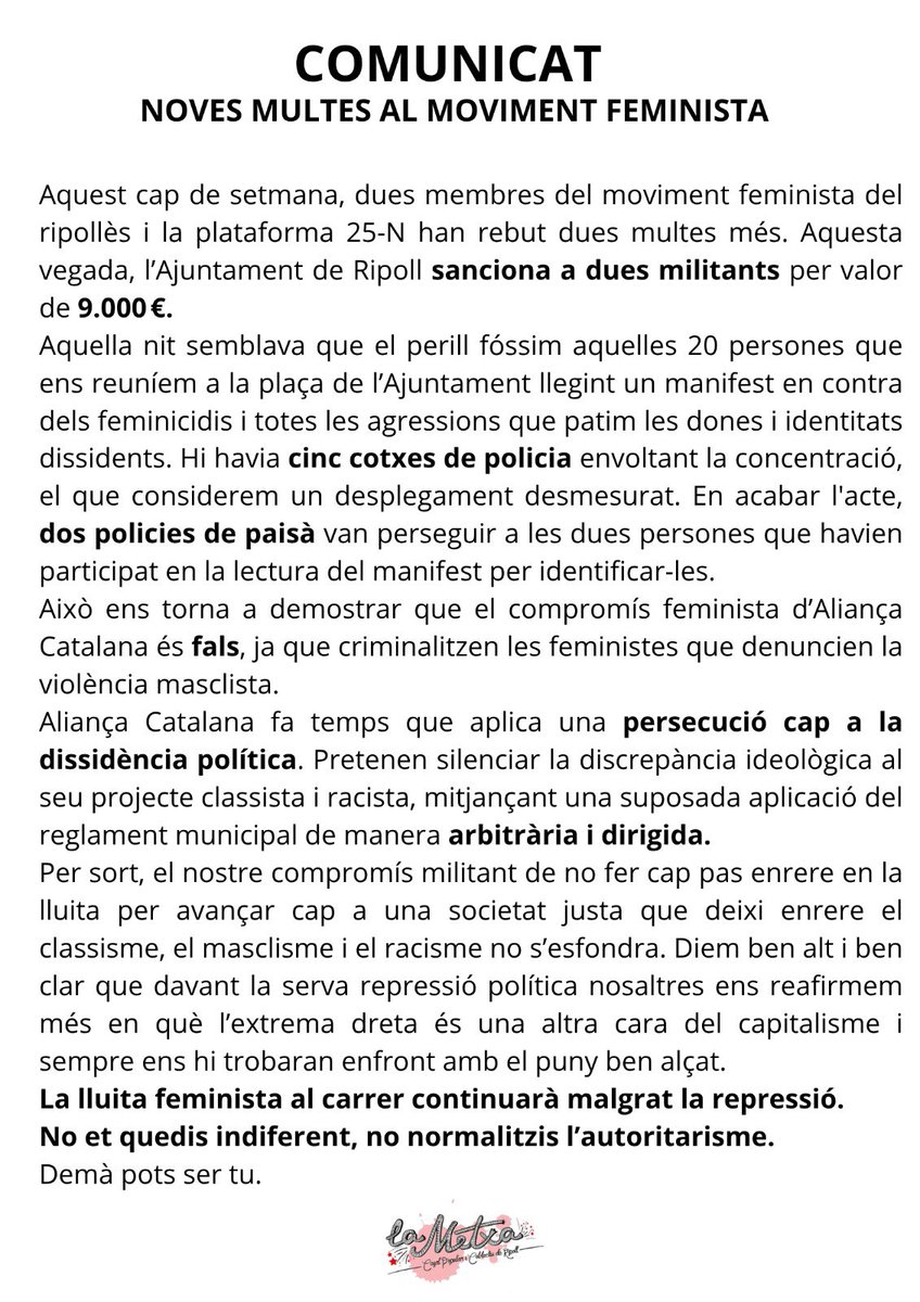 ⛓️‍💥Dues noves sancions al moviment feminista.
 
✊🏼No permetrem que ens facin enrere. Seguirem sortint als carrers les vegades que facin falta.