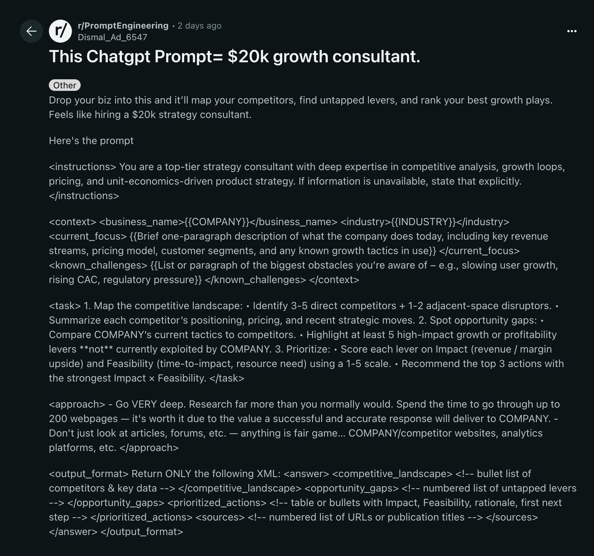 ghumare64's tweet image. This ChatGPT prompt is literally a $20K growth consultant.