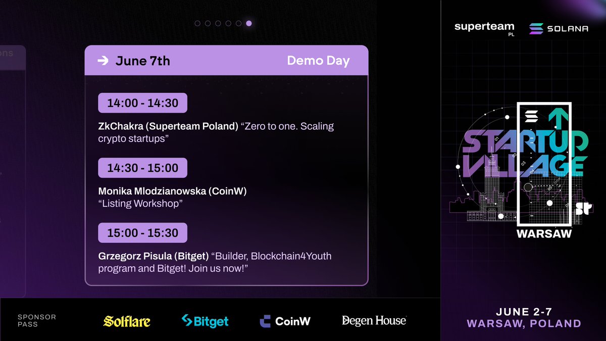 Day #6 -&gt; Demo Day

The Startup Village finale is happening today! Join us to see project pitches and find out who will go to Solana Apex in Budapest! 🇭🇺

Featuring:
• <a href="/stablecoinjesus/">jacob</a> (<a href="/reflectmoney/">Reflect</a>)
• <a href="/MKCoinW/">MKCoinW</a> (<a href="/CoinWOfficial/">CoinW</a>)
• Grzegorz Pisula (<a href="/BitgetPL/">BitgetPL</a>)

Join us below!