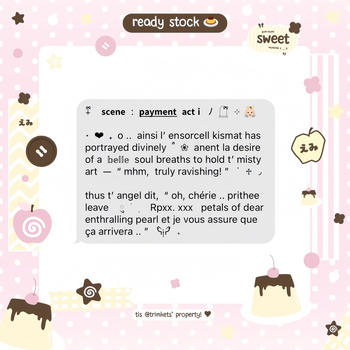 trimkets's tweet image. 𝄞   ݁  🍮  ₊   ⏜   ♥︎  help  retweet

やあ!    emi  kecil  sedang  berpiknik!  membawa
sekeranjang  berisi  pudding ..  susu ..  dan,  ah!!
sebuah  wording  send  order   &amp;amp;   pay  payment  
message  manis yang  siap  dijemput  pulang _ ;
dengan  Rp6.000 / each  🍀

#zonauang