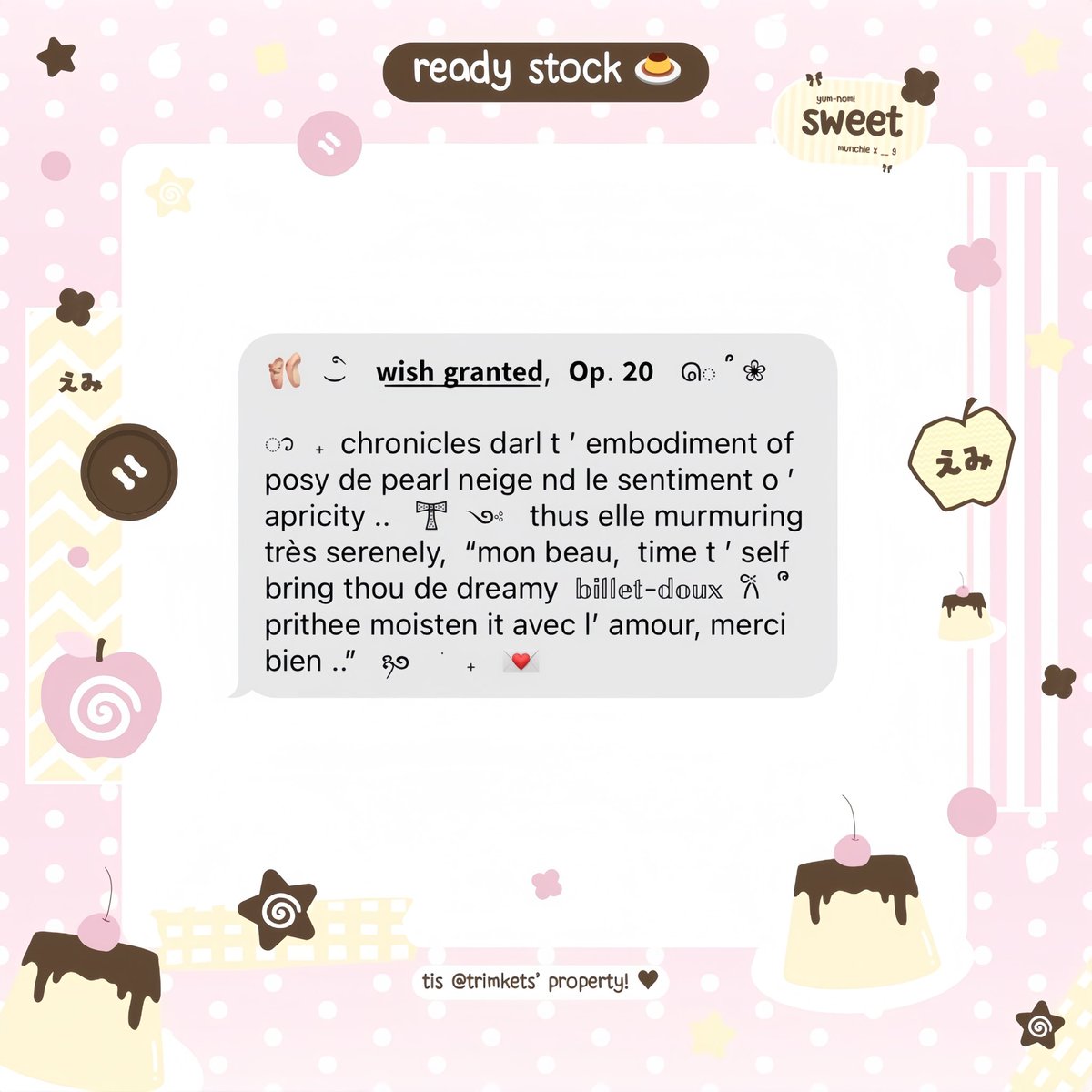 trimkets's tweet image. 𝄞   ݁  🍮  ₊   ⏜   ♥︎  help  retweet

やあ!    emi  kecil  sedang  berpiknik!  membawa
sekeranjang  berisi  pudding ..  susu ..  dan,  ah!!
sebuah  wording  send  order   &amp;amp;   pay  payment  
message  manis yang  siap  dijemput  pulang _ ;
dengan  Rp6.000 / each  🍀

#zonauang