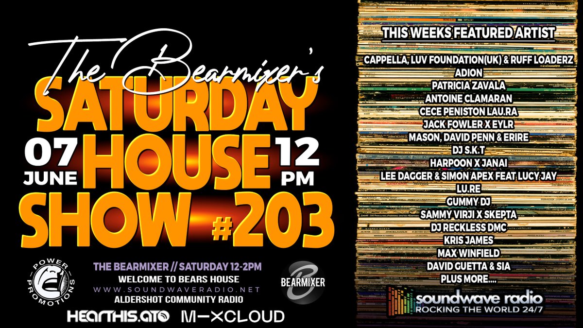 Join The BearMixer from 12pm to 2pm today (07/06) for an electrifying house show on Soundwave Saturday House Show #203

Also Streaming to Aldershot Community Radio.

soundwaveradio.net
mixcloud.com/live/bearmixer
hearthis.at/bearmixer/
barechoonsradio.co.uk