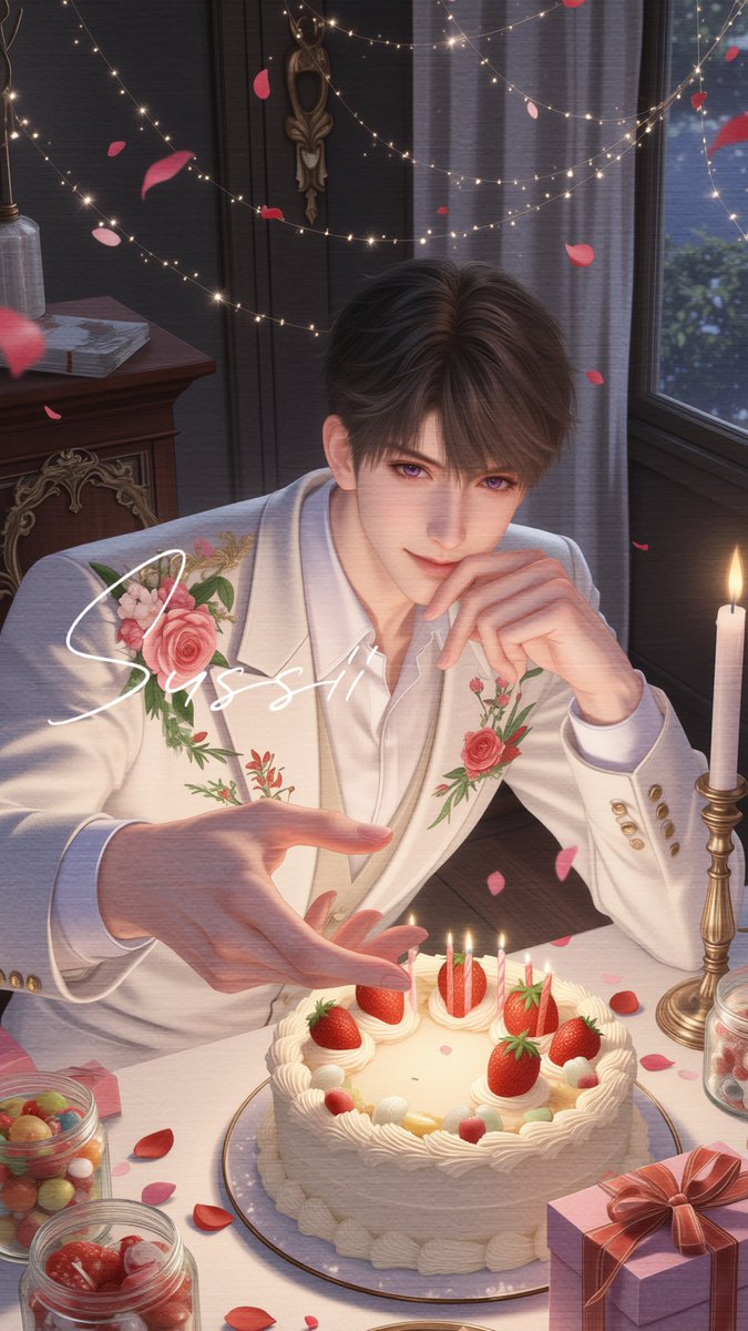 烛火在绣着玫瑰的领口低语，草莓在奶油上留下吻痕。
花瓣掠过他睫毛的阴影，整个宇宙都安静下来——
原来最深的爱，是把此刻酿成永恒，让飘落的星光、融化的糖霜，都成为相爱的印记
#夏以昼 #Caleb #マヒル #하우주 #恋与深空 #LoveandDeepspace #러브앤딥스페이스 #恋と深空 #LaDS