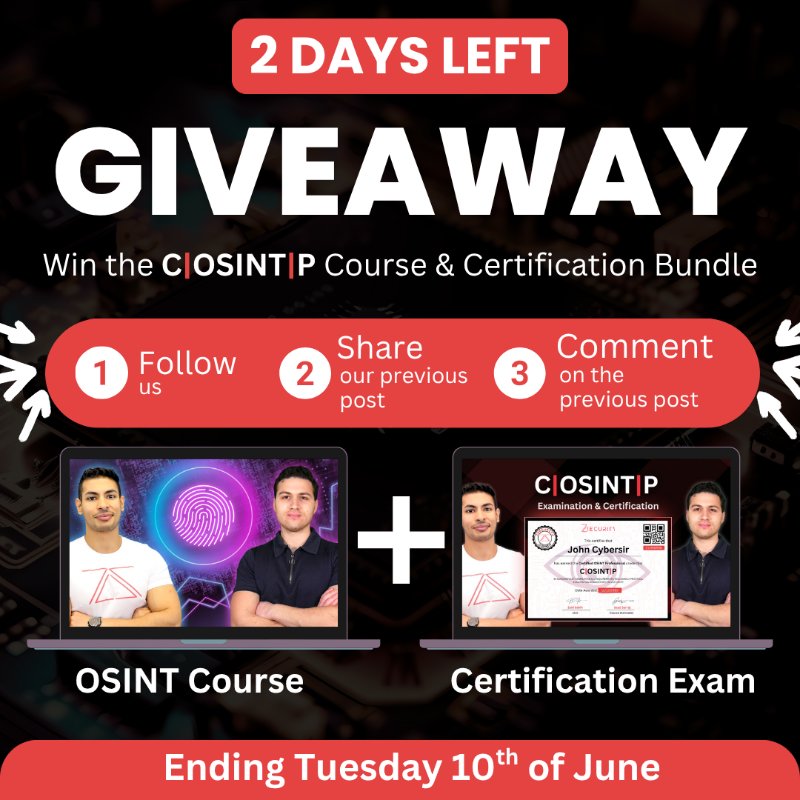 🚨 GIVEAWAY REMINDER!
Don't miss your chance to win our OSINT Course &amp; Certification Exam (valued at $349)!

What’s Included:
📘 Learn OSINT from Scratch course
🎓 C|OSINT|P Exam &amp; Certification → zsecurity.org/cosintp

📌 How to Enter:
✅ Follow us on X
✅ Comment on the orig