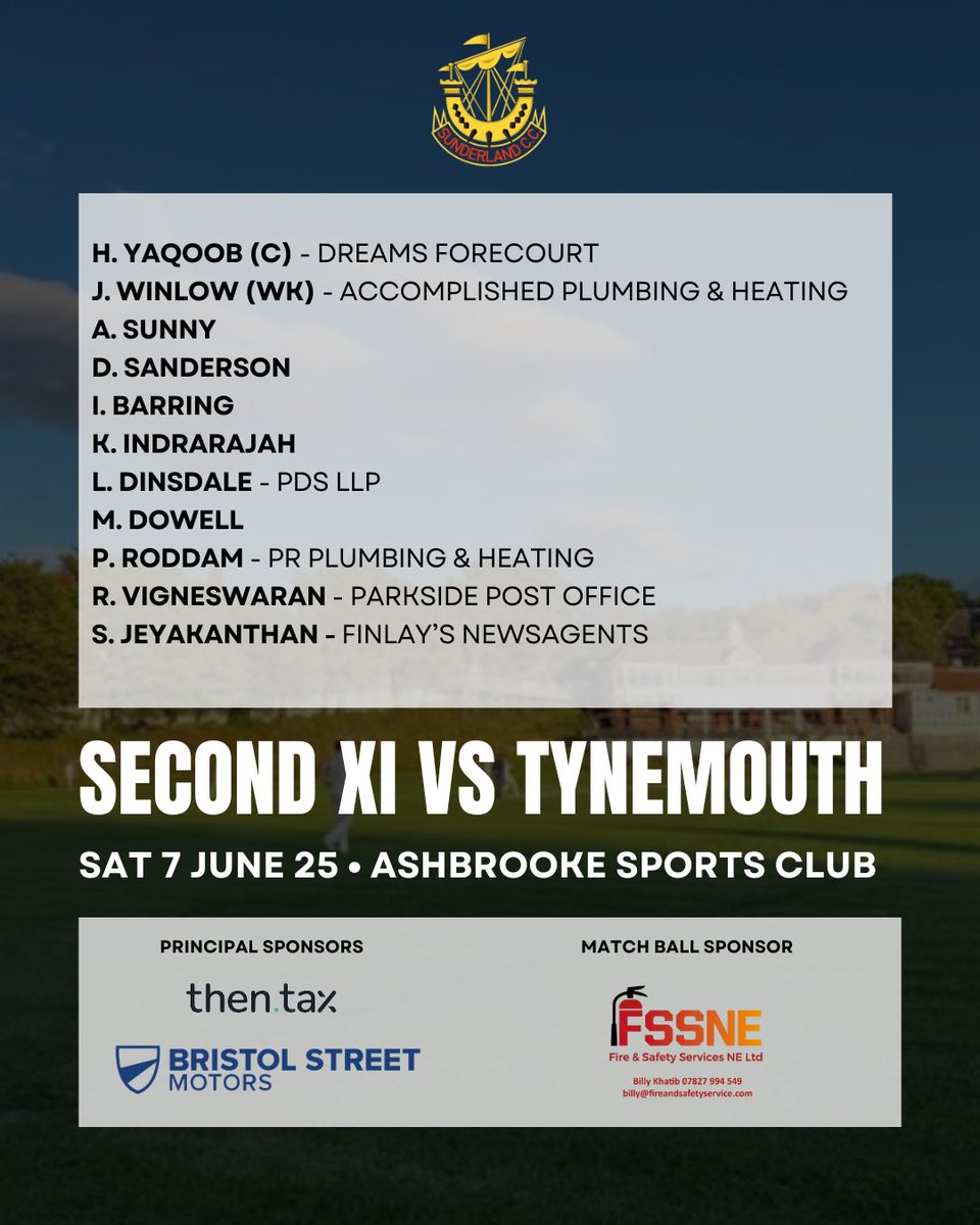 Sunderland CC (@slandcricket) on Twitter photo Hoping that the rain stays away…Today our 1XI travel to <a href="/TynemouthCC/">Tynemouth CC</a>, whilst our 2XI play at home in the reverse fixture.
Thanks for our sponsors & good luck to all teams 🏏💪!
Then Tax Refunds
<a href="/VertuMotors/">Vertu</a>
<a href="/HumphreyMECons1/">Humphrey M&E Consultants</a>
Fire & Safety Services North East Hoping that the rain stays away…Today our 1XI travel to <a href="/TynemouthCC/">Tynemouth CC</a>, whilst our 2XI play at home in the reverse fixture.
Thanks for our sponsors & good luck to all teams 🏏💪!
Then Tax Refunds
<a href="/VertuMotors/">Vertu</a>
<a href="/HumphreyMECons1/">Humphrey M&E Consultants</a>
Fire & Safety Services North East
