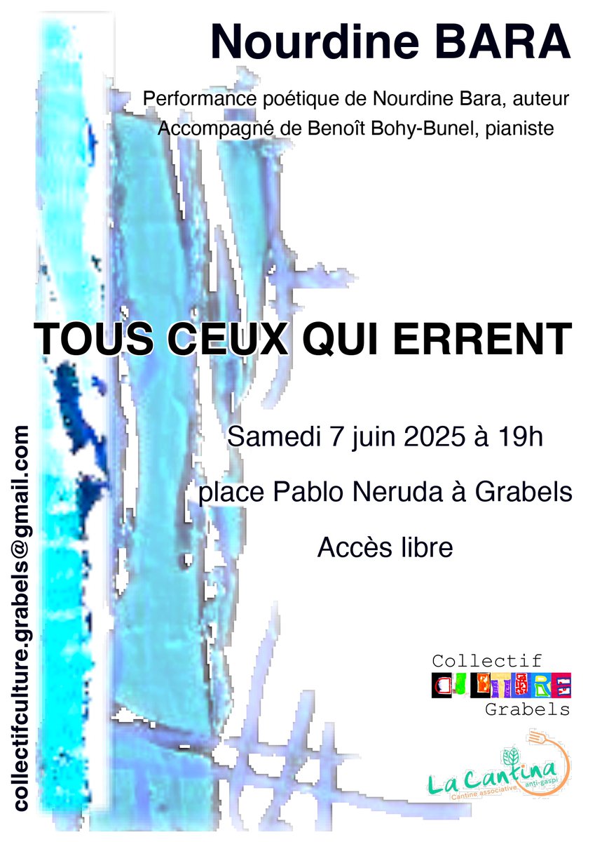 C'est ce soir, à Grabels. 
Accompagné au piano par Benoît Bohy-Bunel, je dirai quelques textes extraits de l'ensemble de mes livres. 
C'est entrée libre