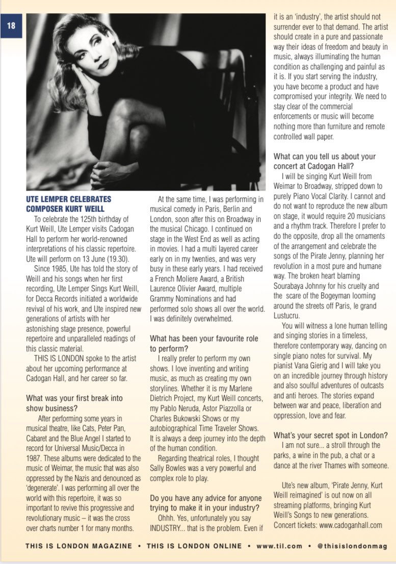 Lovely feature on <a href="/utelemper/">Ute Lemper</a> in June’s issue of <a href="/thisislondon/">ThisIs.London</a> about her forthcoming concert <a href="/cadoganhall/">Cadogan Hall</a> 13th June. Ute’s tribute to the great #kurtweill