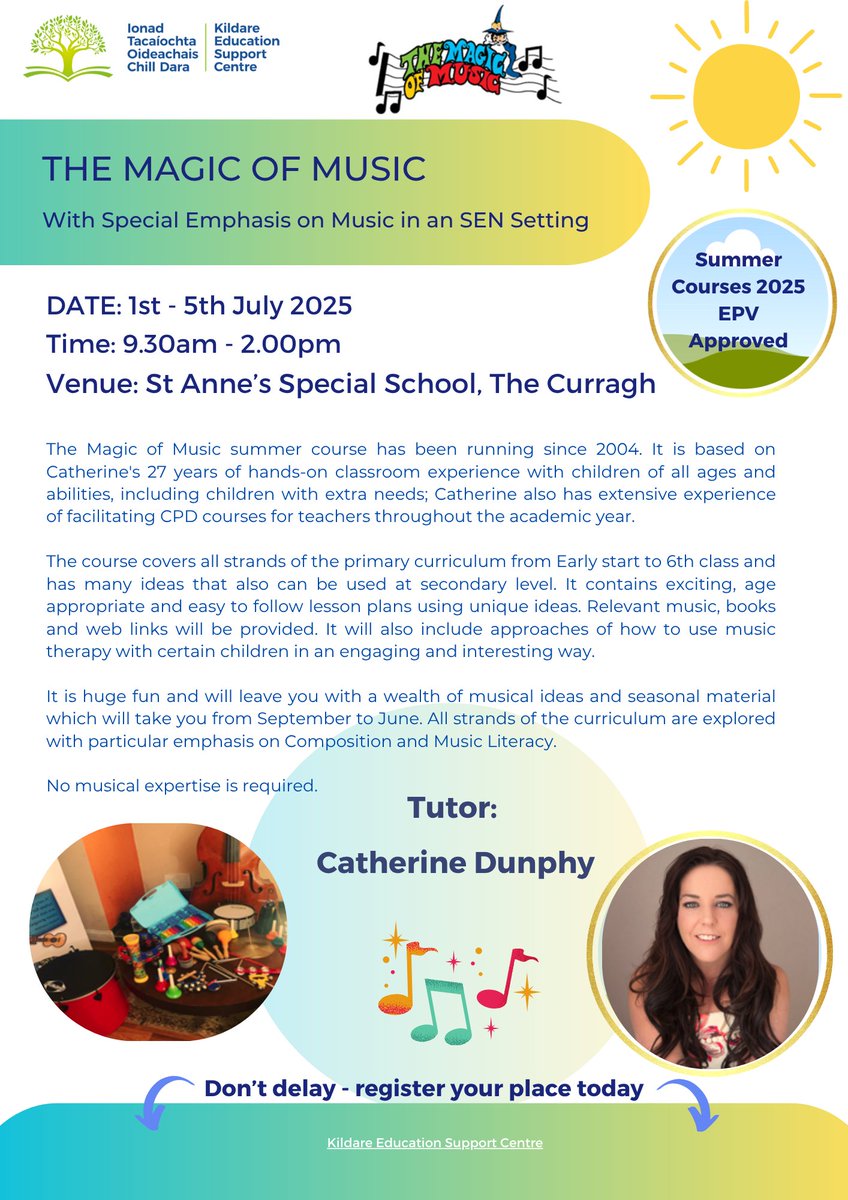 Kildare ESC (@kectweet) on Twitter photo ☀️ The Magic of Music Summer Course (EPV Approved) with special emphasis on music in an SEN setting. 
👉Register today at eckildare.ie/cursai-courses… ☀️ The Magic of Music Summer Course (EPV Approved) with special emphasis on music in an SEN setting. 
👉Register today at eckildare.ie/cursai-courses…