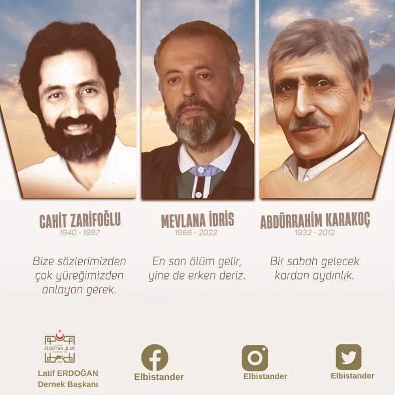 Bugün 7 Haziran.
Bugün Cahit Zarifoğlu,
Bugün Abdurrahim Karakoç,
Bugün Mevlâna İdris. 
Bugün şiirler, masallar yetim.
Kahraman şehrimizin edebî köşe taşları.
Bugün üçünün de ölüm yıl dönümü
Mekânları cennet olsun.
#AbdurrahimKarakoç #CahitZarifoğlu #Mevlanaidris #kahramanmaraş