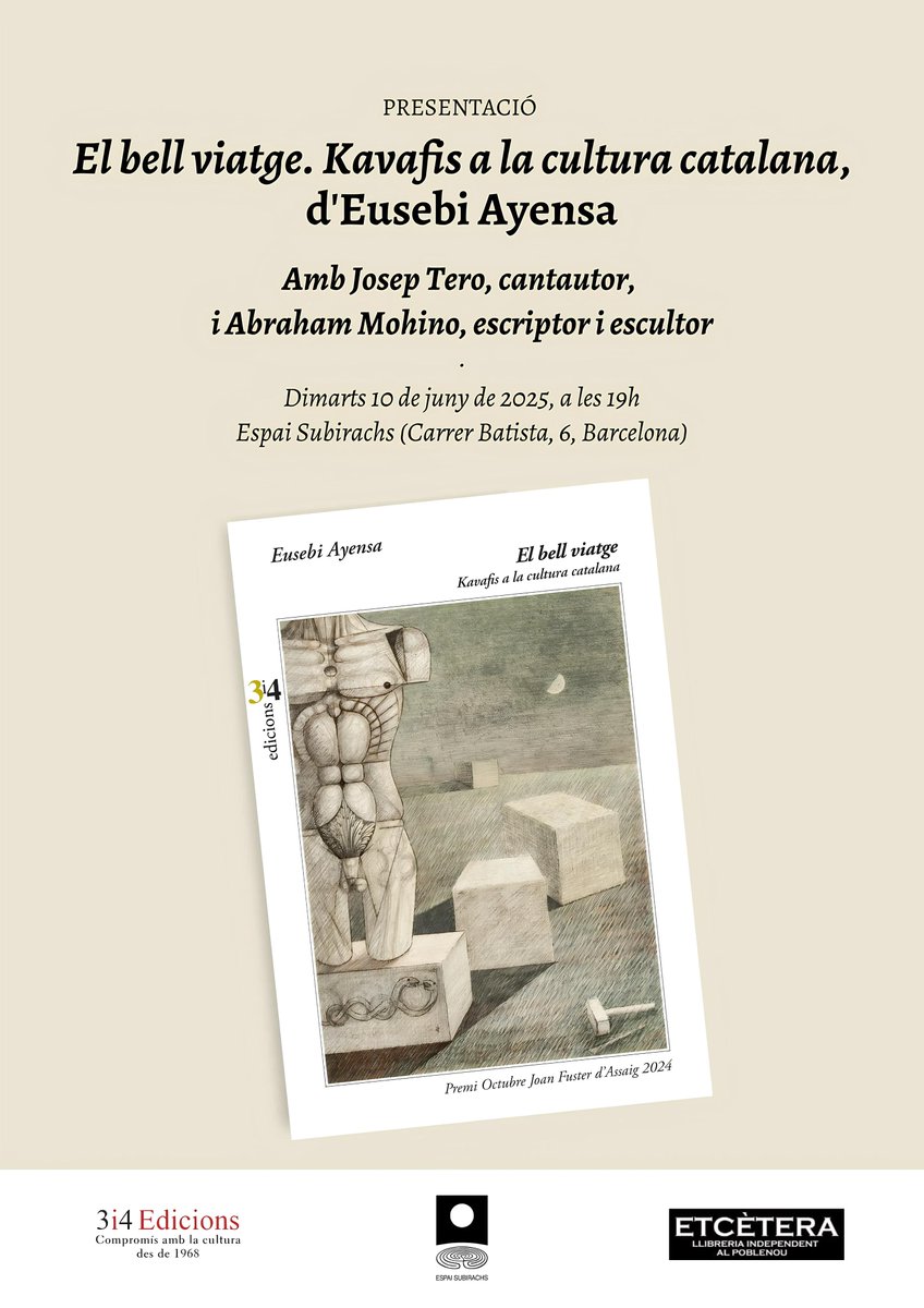 ETCÈTERA, llibreria independent al Poblenou (@etceterallibres) on Twitter photo i🗓️DIMARTS 10 (19h) a <a href="/EspaiSubirachs/">Espai Subirachs</a> -i presentat per A.Mohino- veniu i descobriu LA INFLUENCIA DE KAVAFIS LA CULTURA CATALANA (de Carles Riba a Ferrater) amb l’hel·lenista EUSEBI AYENSA; i amb el cantautor Josep Tero: la seva obra i les cançons de Llach, Marina Rossell, etc. i🗓️DIMARTS 10 (19h) a <a href="/EspaiSubirachs/">Espai Subirachs</a> -i presentat per A.Mohino- veniu i descobriu LA INFLUENCIA DE KAVAFIS LA CULTURA CATALANA (de Carles Riba a Ferrater) amb l’hel·lenista EUSEBI AYENSA; i amb el cantautor Josep Tero: la seva obra i les cançons de Llach, Marina Rossell, etc.