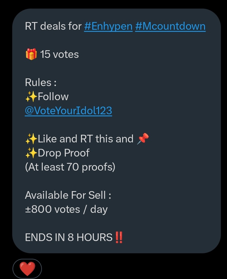 parkz_03's tweet image. RT deals for #Enhypen #Mcountdown 

🎁 15 votes 

Rules :
✨Follow @VoteYourIdol123
✨Like and RT this and 📌
✨Drop Proof
(At least 70 proofs) 

Available For Sale :
±800 votes / day