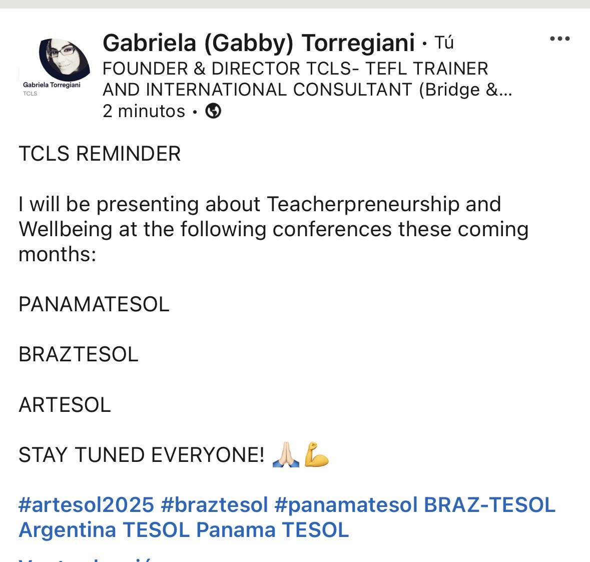 TCLS Torregiani Corporate (@tcls_) on Twitter photo I AM PRESENTING!
Thanks <a href="/ArgentinaTESOL/">Argentina TESOL</a> <a href="/braztesol/">BRAZ-TESOL</a> <a href="/panamatesol/">Panama TESOL Official</a> #teacherpreneurship #wellbeing I AM PRESENTING!
Thanks <a href="/ArgentinaTESOL/">Argentina TESOL</a> <a href="/braztesol/">BRAZ-TESOL</a> <a href="/panamatesol/">Panama TESOL Official</a> #teacherpreneurship #wellbeing