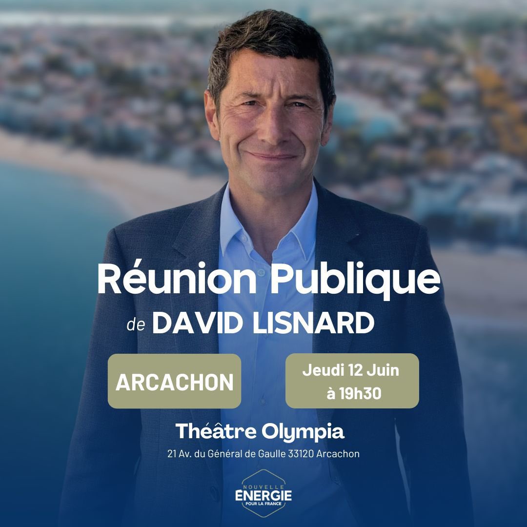 📣 J-5 Arcachon : Ne manquez pas la grande réunion publique de <a href="/davidlisnard/">David Lisnard</a>, aux côtés de <a href="/Foulon_Yves/">Yves Foulon</a> !

📍 Rendez-vous le jeudi 12 juin à 19h30 au Théâtre Olympia d’Arcachon.

👉 Infos et inscriptions :
unenouvelleenergie.fr/reunion-publiq…