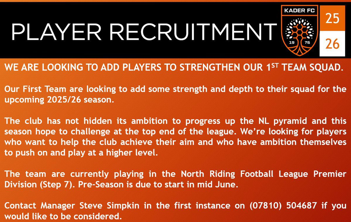 Kader FC Mens First Team (@kadermens) on Twitter photo We get our Pre-Season underway on Wednesday.
Any players looking for a club that is ambitious to progress are welcome to come along.
Contact manager Steve Simpkin for details.
<a href="/NRFLOfficial/">North Riding League</a>
<a href="/NorthRidingFA/">North Riding FA</a> We get our Pre-Season underway on Wednesday.
Any players looking for a club that is ambitious to progress are welcome to come along.
Contact manager Steve Simpkin for details.
<a href="/NRFLOfficial/">North Riding League</a>
<a href="/NorthRidingFA/">North Riding FA</a>