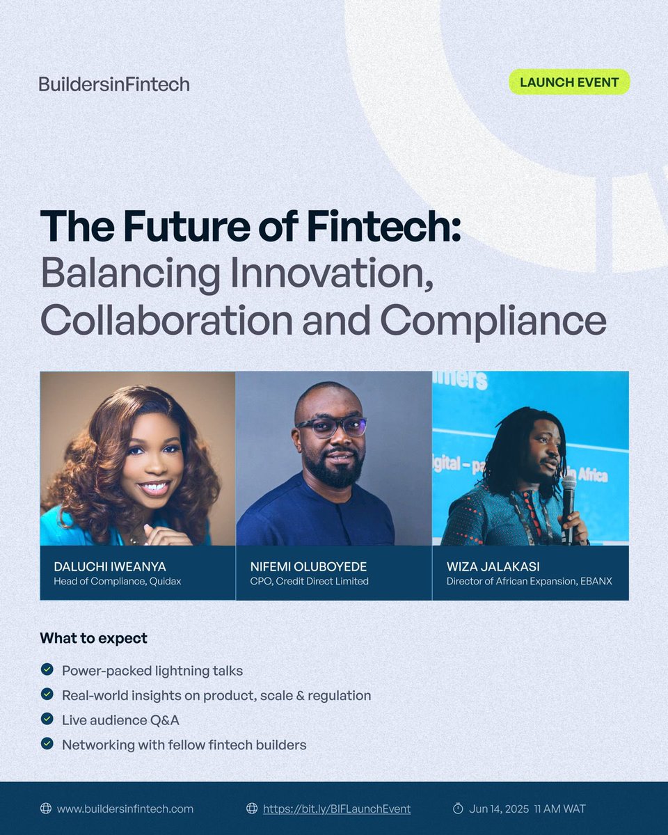 Builders in Fintech (@b_infintech) on Twitter photo 🚀 The Builders in Fintech Launch Event is here!
Join us for a bold conversation with the sharpest minds in African fintech!
With: <a href="/wizaj/">Wiza Jalakasi</a> <a href="/nifemioluboyede/">FinTECH Bro</a>
📅 Sat, June 14
🕚 11:00 AM WAT
💻 Virtual
🔗 RSVP here: bit.ly/BIFLaunchEvent
Tag someone who shouldn’t miss this!🚀 🚀 The Builders in Fintech Launch Event is here!
Join us for a bold conversation with the sharpest minds in African fintech!
With: <a href="/wizaj/">Wiza Jalakasi</a> <a href="/nifemioluboyede/">FinTECH Bro</a>
📅 Sat, June 14
🕚 11:00 AM WAT
💻 Virtual
🔗 RSVP here: bit.ly/BIFLaunchEvent
Tag someone who shouldn’t miss this!🚀