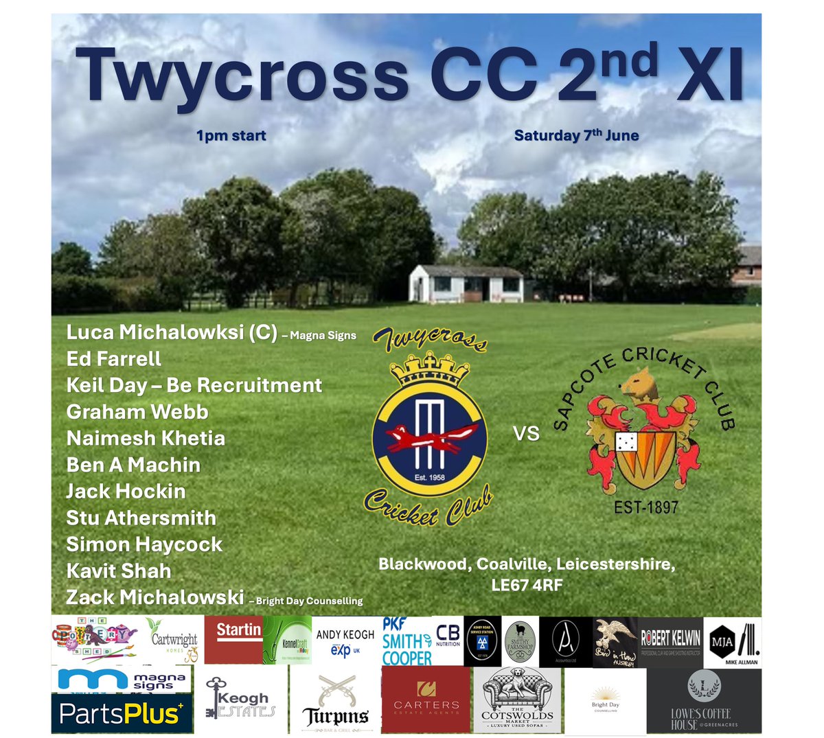 Twycross CC (@twycrosscc) on Twitter photo **Team News**
Hoping the weather behaves itself today ☔️1s host Loughborough Greenfields 2s and our 2s head to <a href="/SapcoteCricketC/">Sapcote Cricket Club</a> 2s for today’s games
Go well boys! 🔵🟡
#TTID ✊ **Team News**
Hoping the weather behaves itself today ☔️1s host Loughborough Greenfields 2s and our 2s head to <a href="/SapcoteCricketC/">Sapcote Cricket Club</a> 2s for today’s games
Go well boys! 🔵🟡
#TTID ✊