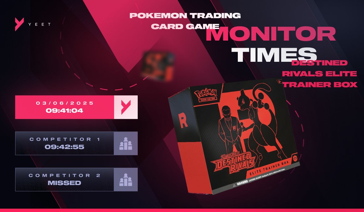 MONITOR TIMES!🔥

Thanks to its speed and efficiency, our Very monitor detected the Destined Rivals ETB restock in record time.

⏱️ Instant alerts = more successful checkouts.🚀

Were you ready when it dropped?
Don't miss out, join Yeet.
Link in bio!💚