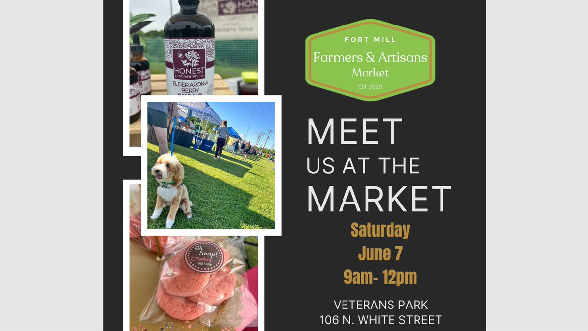 Meet us at the Market this Saturday, June 7!
The Fort Mill Farmers &amp; Artisans Market is held each Saturday from 9am - 12pm at Veterans Park, 106 N. White St.
See you there! 
Visit our website for more information about the Market, fortmillsc.gov