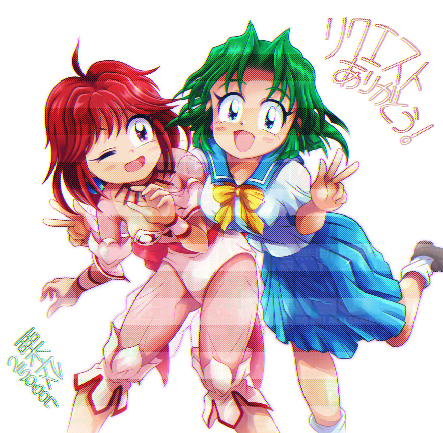 ときめきメモリアルのエリスと闘神伝の朝日奈夕子のイラストです…あれ？ 声優、鉄炮塚葉子さんの中の人ネタってやつですね。エリスは踊り子だし戦いの運命さえなければいつもこんな風に明るいはず🙂 作品は違えど二人は仲良し！って感じのリクエストでした。どうもありがとうございました♪